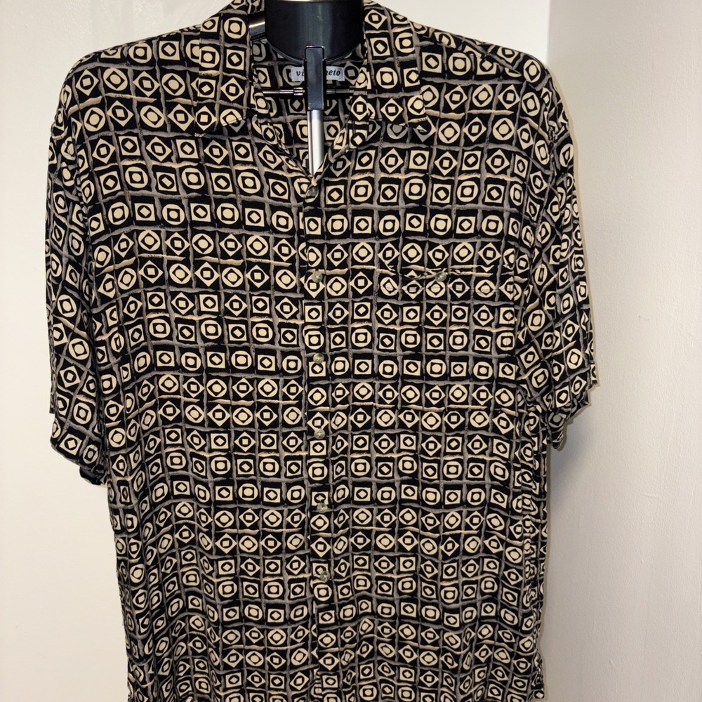 Via Veneto Rayon Geometric Button Up Shirt Men's Large Made In Korea Vintage